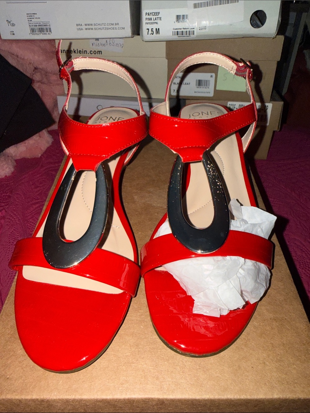Jones New York Red Patent T-Strap Sandals with Black Accent
